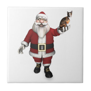 Azulejo De Cerámica Papá Noel con gato calicó