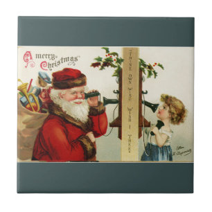 Azulejo De Cerámica Papá Noel y Chica de época en el teléfono