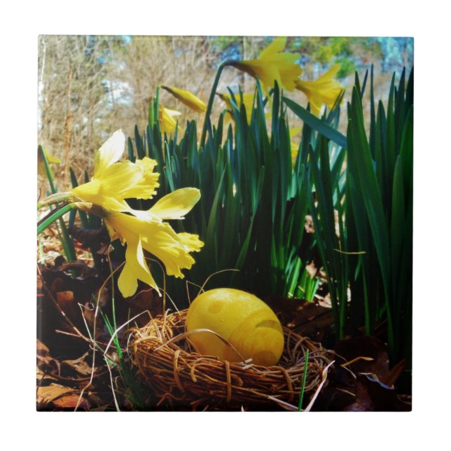 Azulejo De Cerámica Papeles amarillos y huevo de Pascua Amarillo (Frente)