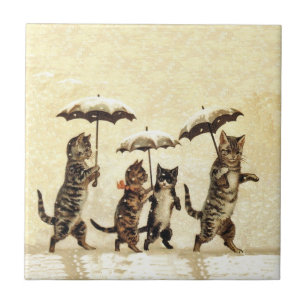 Azulejo De Cerámica Paraguas rayados de los gatos del vintage que
