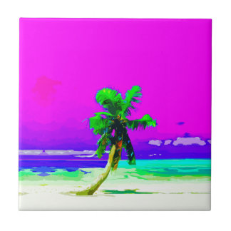 Azulejo De Cerámica Paraíso rosado de neón de la palmera