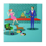 Azulejo De Cerámica Pareja retro con mosaico de cerámica de perro<br><div class="desc">Esta pareja retro con mosaico de cerámica de perro parece una escena de una comedia romántica. El estilo de los años 60, con un diseño de arte minimalista, cuenta con una atractiva pareja que disfruta de una velada romántica en casa. La sofisticada sala cuenta con una chimenea de agua y...</div>