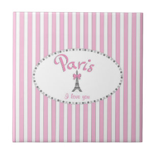 Azulejo De Cerámica "Paris I Love You" - rayas rosas