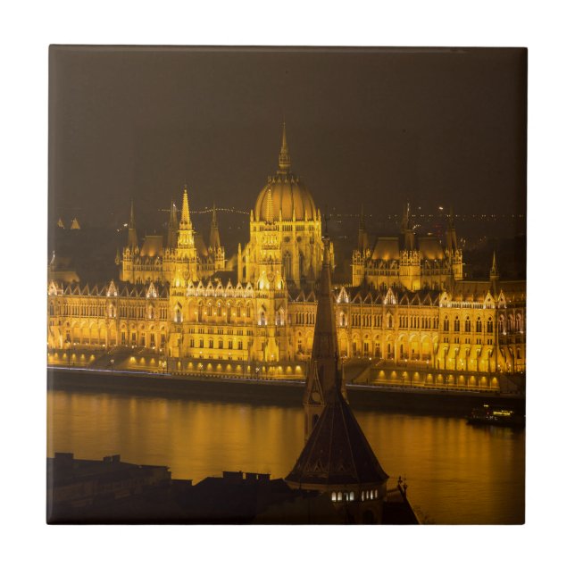 Azulejo De Cerámica Parlamento húngaro Budapest por noche (Frente)