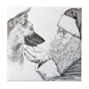 Azulejo De Cerámica Pastor alemán y Papá Noel