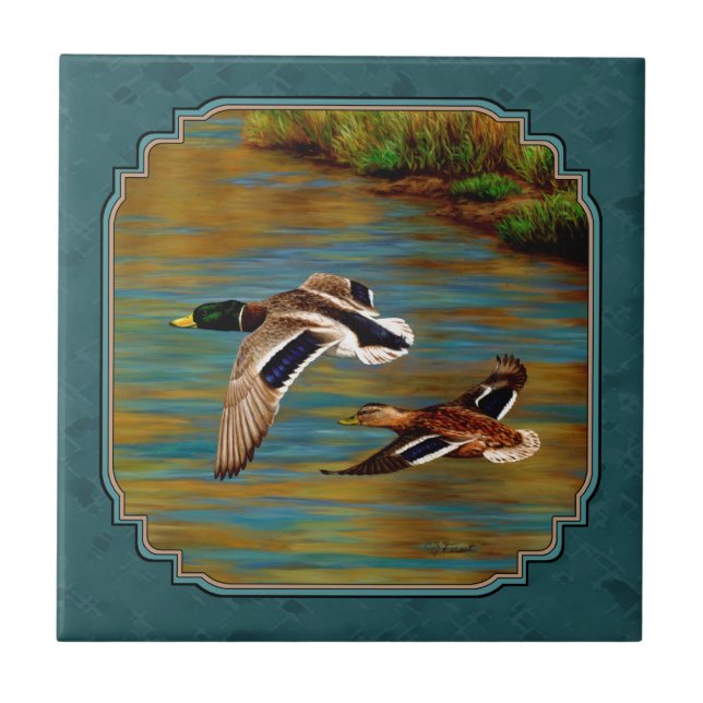 Azulejo De Cerámica Patos Mallard en Vuelo Verde azulado (Frente)