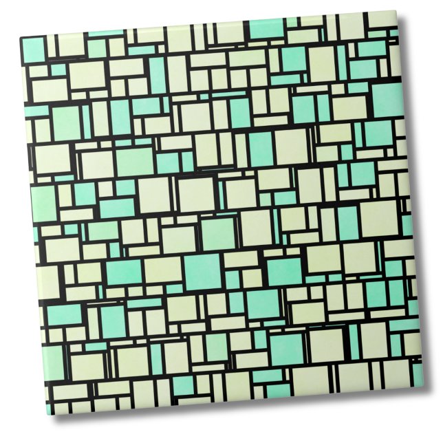 Azulejo De Cerámica Patrón amarillo verde geométrico (Geometric Retro Yellow Green Squares Tile)