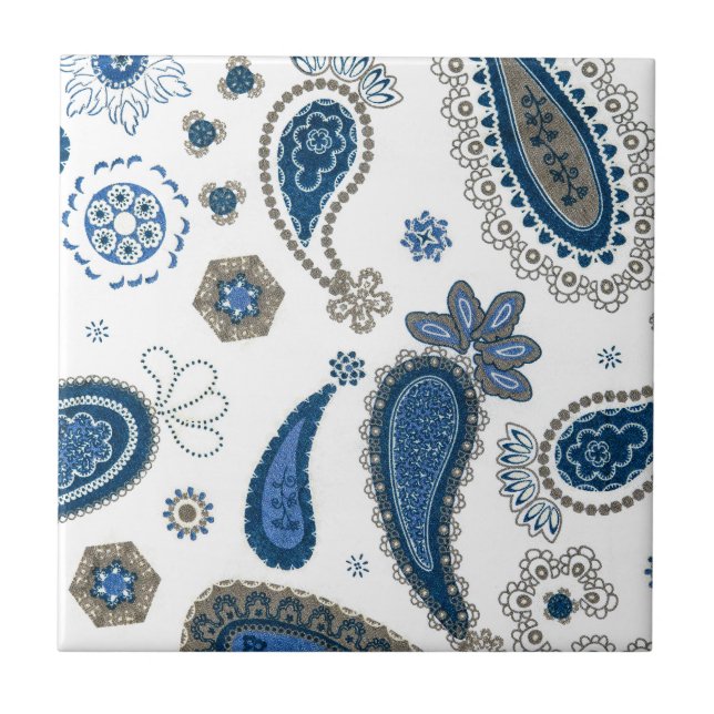 Azulejo De Cerámica Patrón bohemio azul paisley (Frente)