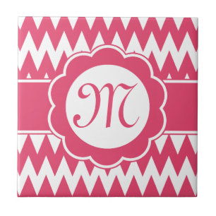 Azulejo De Cerámica Patrón Chevron rosa y flor monogramo