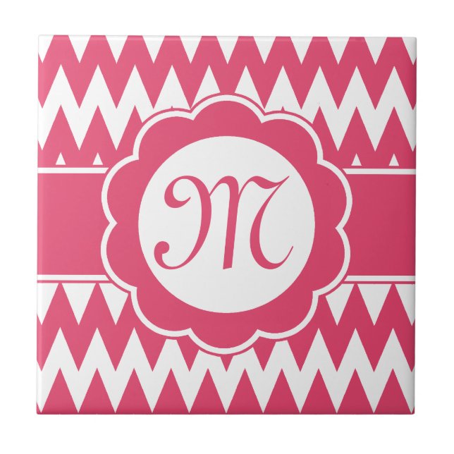 Azulejo De Cerámica Patrón Chevron rosa y flor monogramo (Frente)