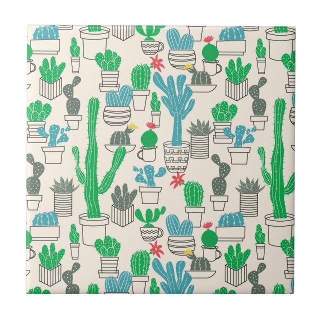 Azulejo De Cerámica Patrón de cacti floral natural (Frente)