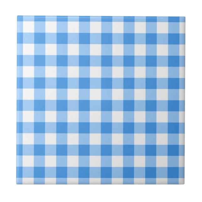 Azulejo De Cerámica Patrón De Comprobación De Gingham Azul Y Blanco (Frente)