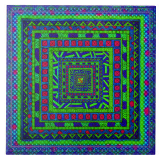 Azulejo De Cerámica Patrón de cuadrados tribales azteca azul limón ver