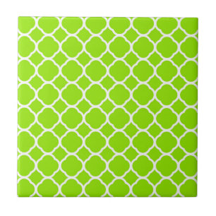 Azulejo De Cerámica Patrón de Cuatrefoja Verde Lima Brillante y Blanco