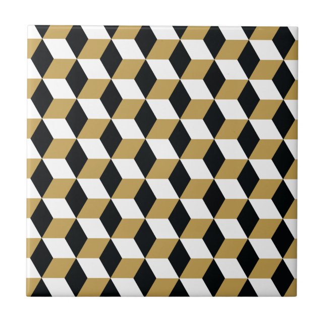 Azulejo De Cerámica Patrón de Cubos 3D Gold Black & White (Frente)