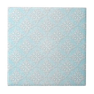Azulejo De Cerámica Patrón de damasco azul pastel y blanco