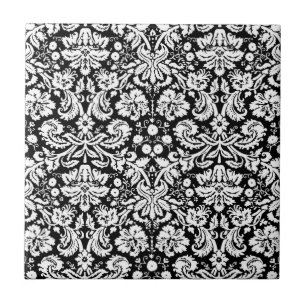 Azulejo De Cerámica Patrón de damasco blanco y negro