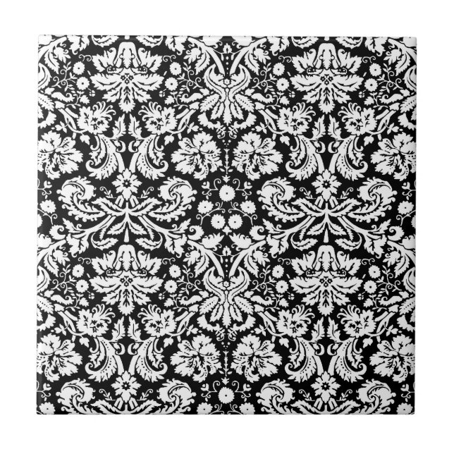 Azulejo De Cerámica Patrón de damasco blanco y negro (Frente)