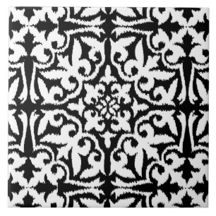 Azulejo De Cerámica Patrón de damasco de Ikat - Blanco y negro