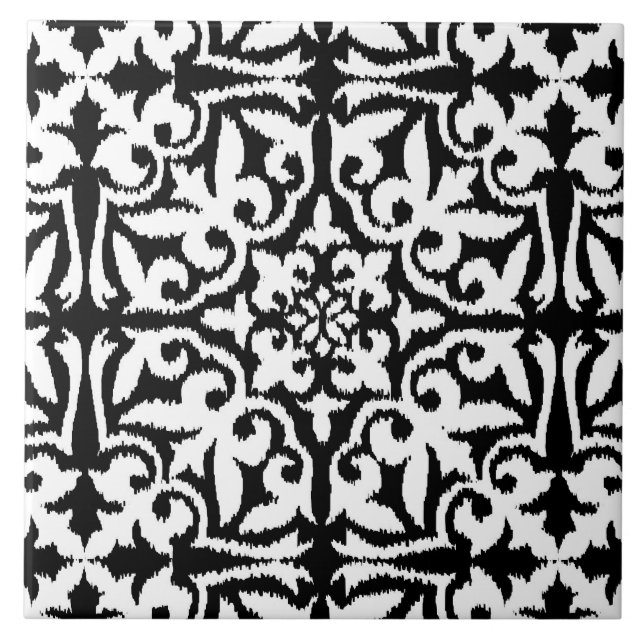 Azulejo De Cerámica Patrón de damasco de Ikat - Blanco y negro (Frente)