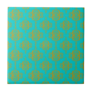 Azulejo De Cerámica Patrón de Damasco Dorado sobre Turquesa Adorable