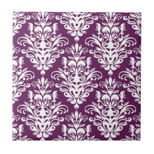 Azulejo De Cerámica Patrón de Damasco elegante blanco y violeta calie