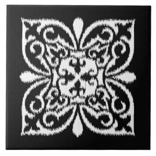Azulejo De Cerámica Patrón de damasco ikat - blanco y negro