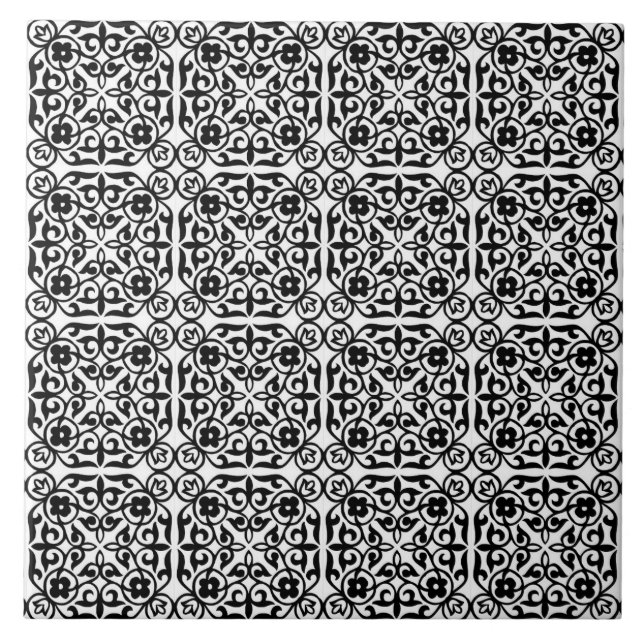 Azulejo De Cerámica Patrón de Damasco medieval, blanco y negro (Frente)