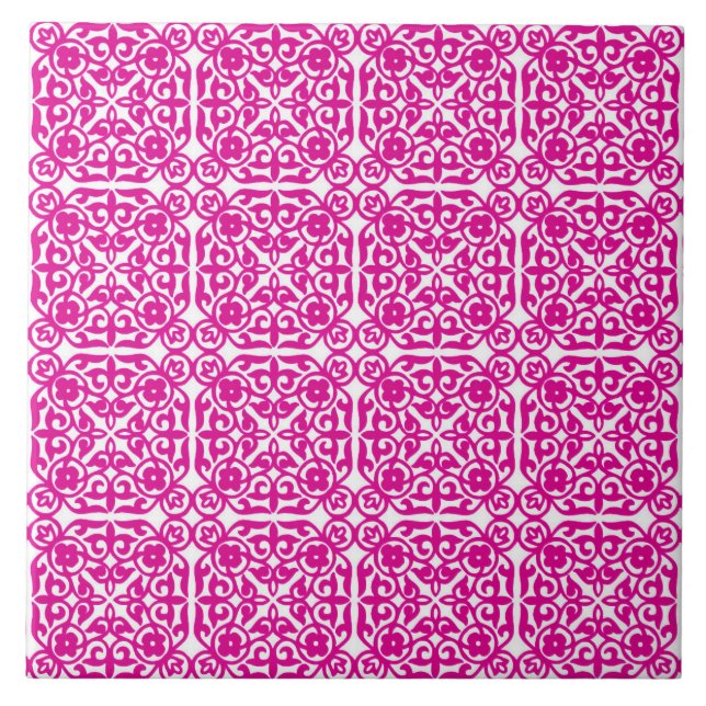 Azulejo De Cerámica Patrón de Damasco medieval, magenta y blanco (Frente)