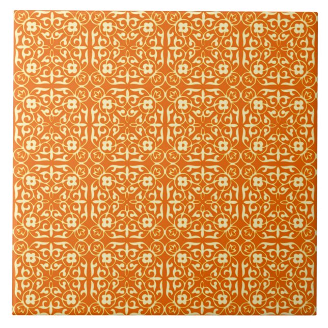Azulejo De Cerámica Patrón de Damasco medieval, naranja de mandarina (Frente)