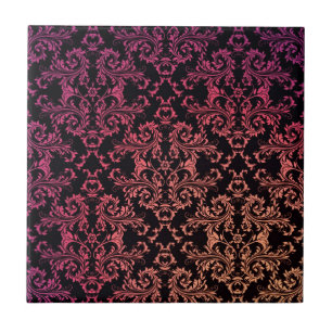 Azulejo De Cerámica Patrón de damasco naranja rosa negro