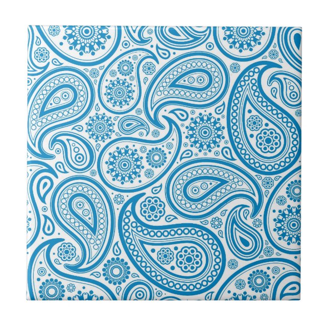 Azulejo De Cerámica Patrón de Damasco Paisley azul y blanco (Frente)