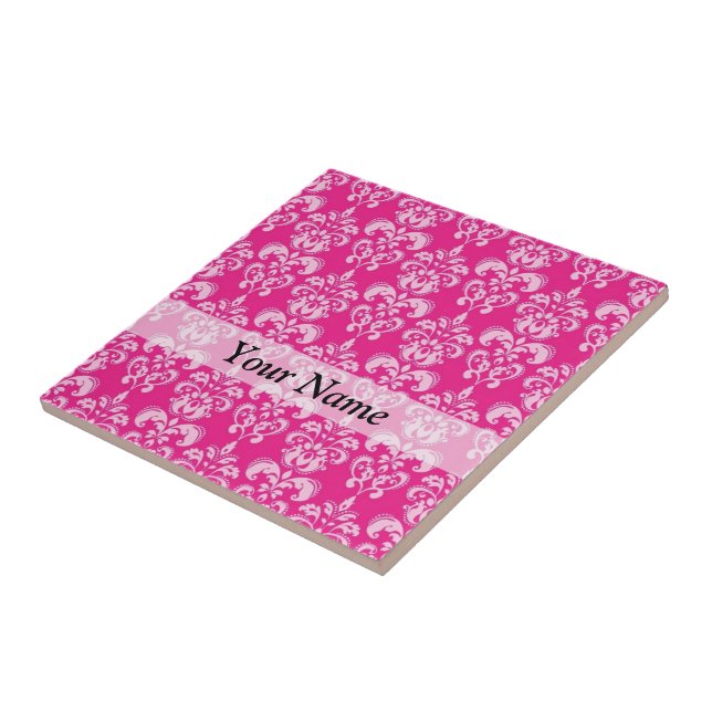 Azulejo De Cerámica Patrón de damasco rosa caliente (Lado)