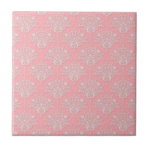 Azulejo De Cerámica Patrón de damasco rosa y blanco femenino
