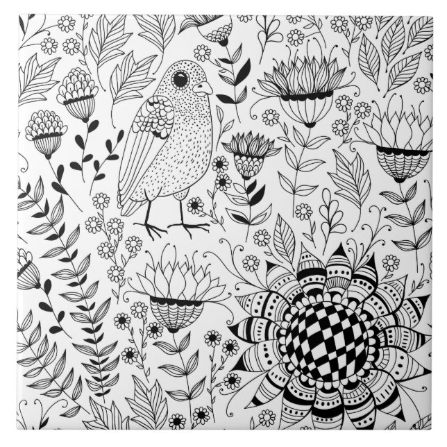 Azulejo De Cerámica Patrón de doodle de aves y flores (Frente)