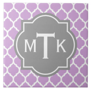 Azulejo De Cerámica Patrón de Entramado Gris y Lilac Moderno Monograma