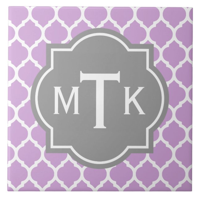 Azulejo De Cerámica Patrón de Entramado Gris y Lilac Moderno Monograma (Frente)