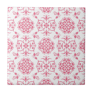 Azulejo De Cerámica Patrón de estilo damasco floral rosa y blanco