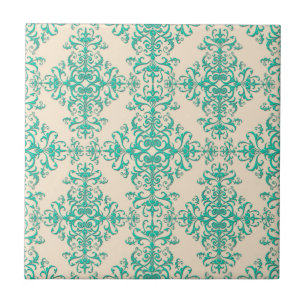 Azulejo De Cerámica Patrón de estilo damasco verde menta y blanco apag