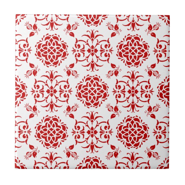 Azulejo De Cerámica Patrón de estilo de damasco floral rojo y blanco (Frente)