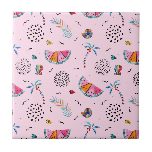 Azulejo De Cerámica Patrón de estilo memphis rosado tropical (Frente)