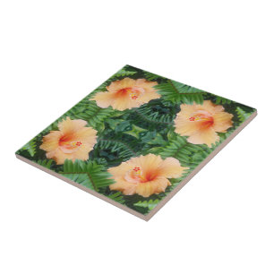 Azulejo De Cerámica Patrón de flor de Hibiscus naranja