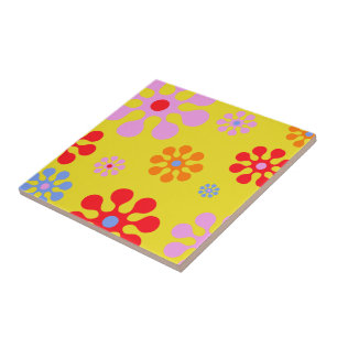 Azulejo De Cerámica Patrón de flor Funky Retro Trivet Amarillo