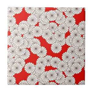 Azulejo De Cerámica Patrón de flores Art Deco - crema sobre rojo