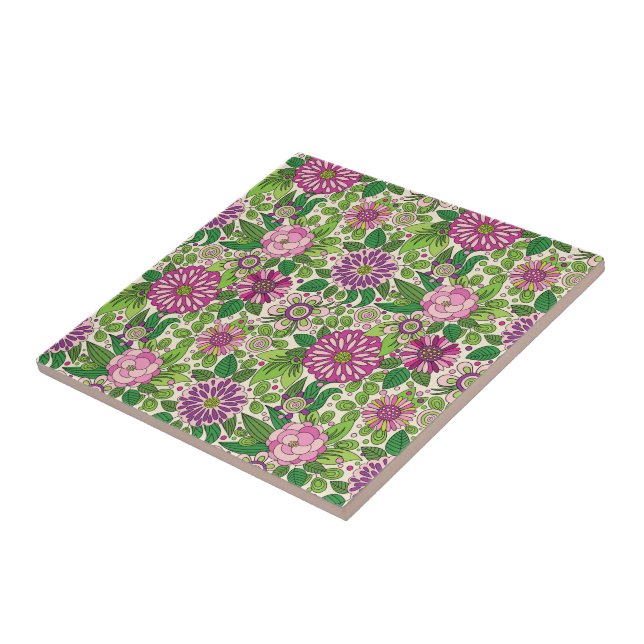 Azulejo De Cerámica Patrón de flores retro verde púrpura y beige (Lado)
