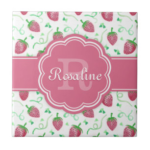 Azulejo De Cerámica Patrón de fresa acuarela con monograma