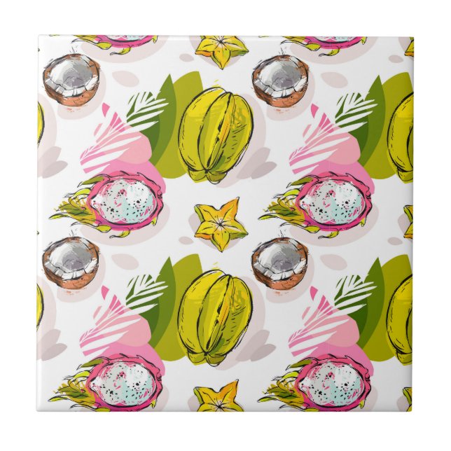Azulejo De Cerámica Patrón de frutas texturadas de mano libre (Frente)