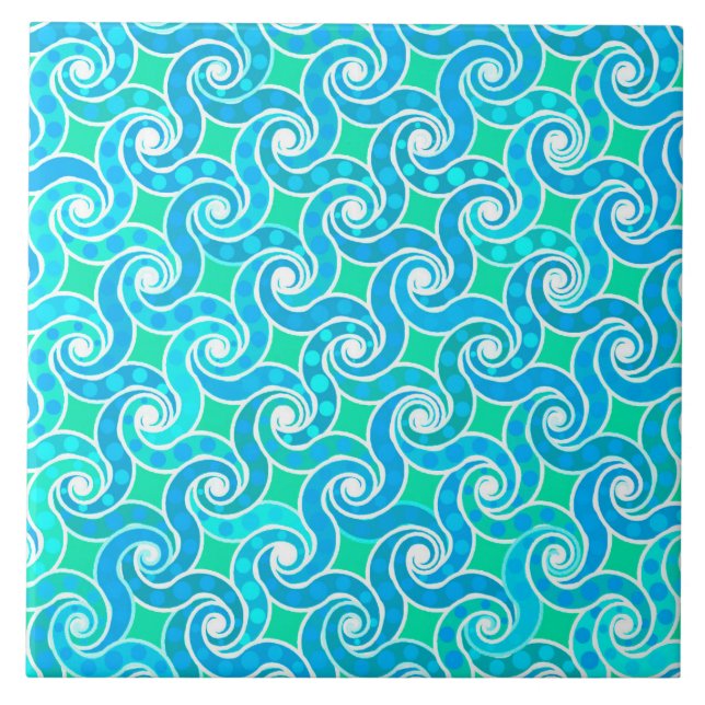 Azulejo De Cerámica Patrón de giro abstracto - Azul, verde jade y blan (Frente)