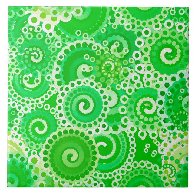 Azulejo De Cerámica Patrón de giro fractal, tonos verdes de primavera (Frente)
