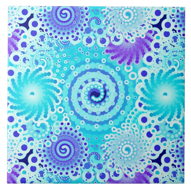 Azulejo De Cerámica Patrón de giro fractal, turquesa, aqua, azul (Frente)
